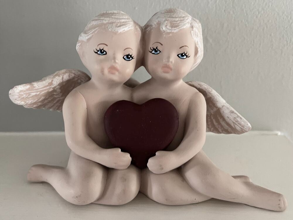 Old Fashioned Bisque Pottery Cherub Couple Angels Holding Heart